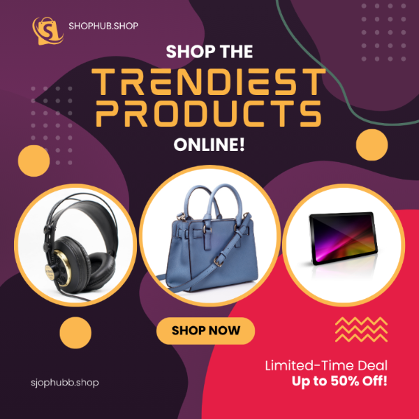 Promotional banner for Shophub with headphones, handbag, and tablet images on a colorful background.